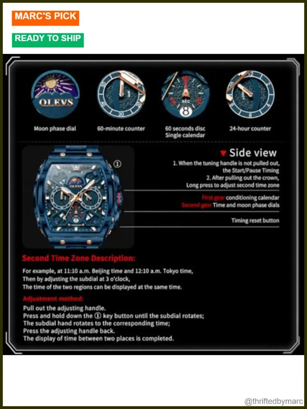 Luxury Stainless Steel Quartz Chronograph Watch Moon Phase 3ATM Waterproof